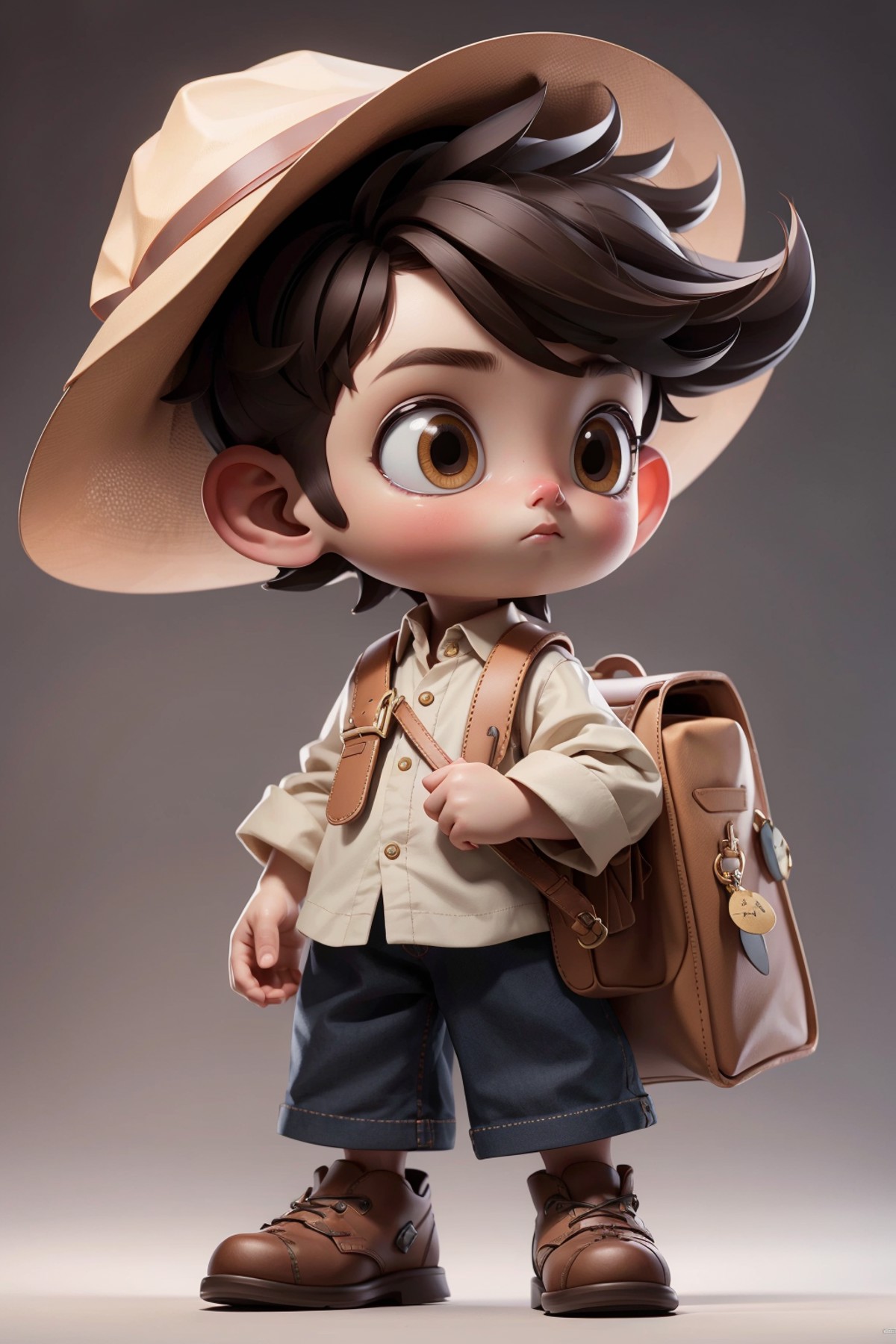 masterpiece, best quality, 8k, official art, cinematic light, ultra high res, 1boy, child, solo, bag, brown eyes, hat, bro...
